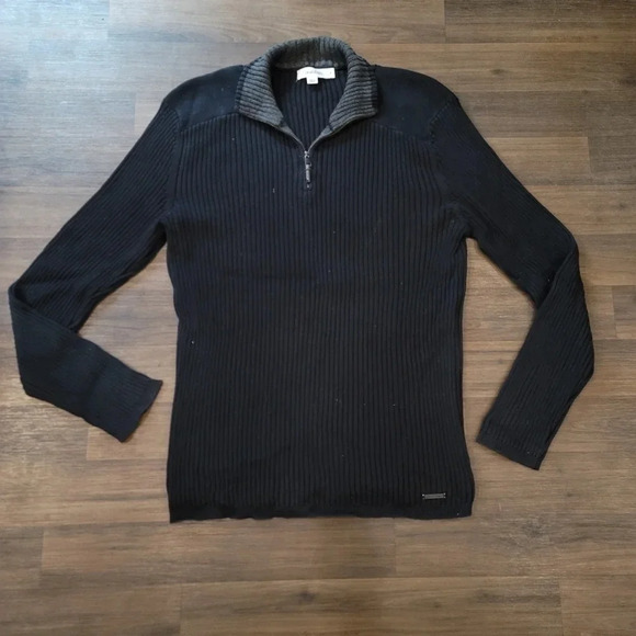 Calvin Klein Mens Pullover Sweater Black Gray Knit Ribbed 1/4 Zip Mock Neck M - Picture 1 of 8